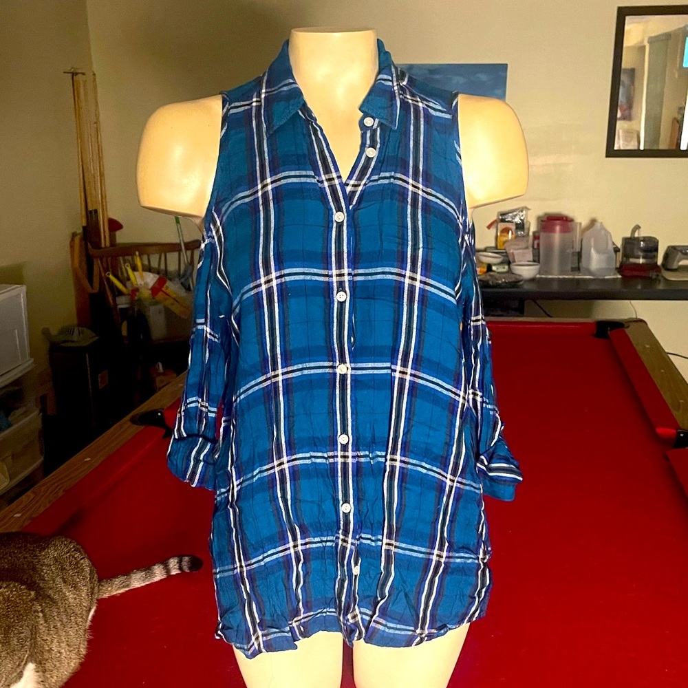 Express cold shoulder plaid top